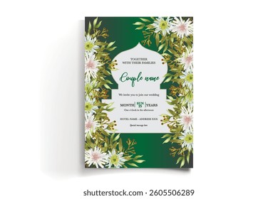 WEDDING INVITATION FRAME WITH FLOWER DECORATIONS AND FRESH LEAVES