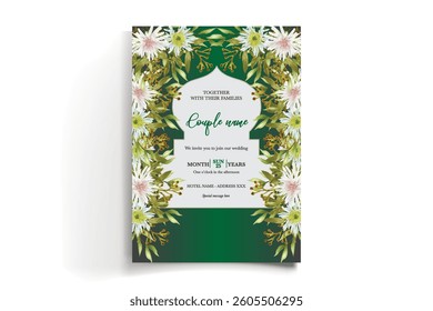 WEDDING INVITATION FRAME WITH FLOWER DECORATIONS AND FRESH LEAVES