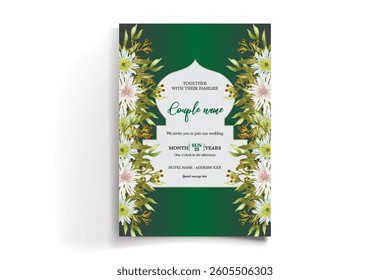 WEDDING INVITATION FRAME WITH FLOWER DECORATIONS AND FRESH LEAVES
