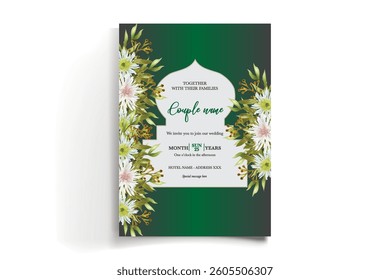 WEDDING INVITATION FRAME WITH FLOWER DECORATIONS AND FRESH LEAVES