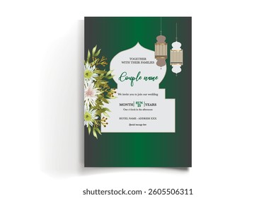 WEDDING INVITATION FRAME WITH FLOWER DECORATIONS AND FRESH LEAVES