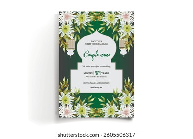 WEDDING INVITATION FRAME WITH FLOWER DECORATIONS AND FRESH LEAVES