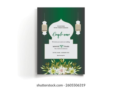 WEDDING INVITATION FRAME WITH FLOWER DECORATIONS AND FRESH LEAVES
