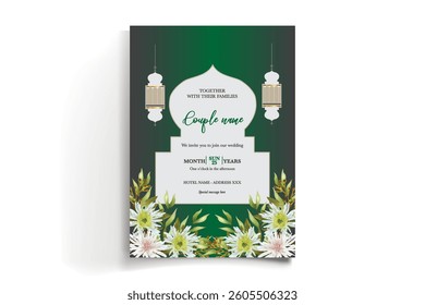 WEDDING INVITATION FRAME WITH FLOWER DECORATIONS AND FRESH LEAVES