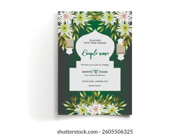 WEDDING INVITATION FRAME WITH FLOWER DECORATIONS AND FRESH LEAVES