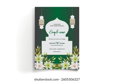 WEDDING INVITATION FRAME WITH FLOWER DECORATIONS AND FRESH LEAVES