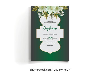 WEDDING INVITATION FRAME WITH FLOWER DECORATIONS AND FRESH LEAVES