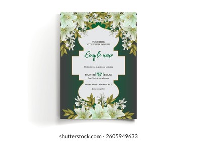WEDDING INVITATION FRAME WITH FLOWER DECORATIONS AND FRESH LEAVES