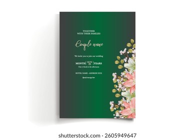 WEDDING INVITATION FRAME WITH FLOWER DECORATIONS AND FRESH LEAVES