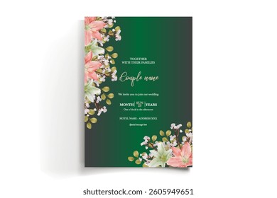 WEDDING INVITATION FRAME WITH FLOWER DECORATIONS AND FRESH LEAVES