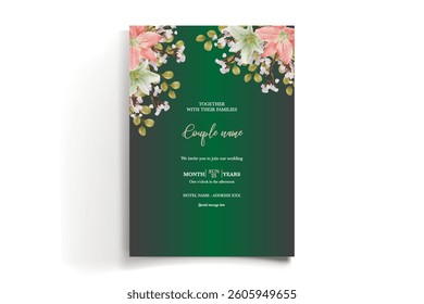 WEDDING INVITATION FRAME WITH FLOWER DECORATIONS AND FRESH LEAVES