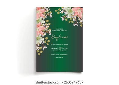 WEDDING INVITATION FRAME WITH FLOWER DECORATIONS AND FRESH LEAVES