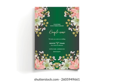 WEDDING INVITATION FRAME WITH FLOWER DECORATIONS AND FRESH LEAVES
