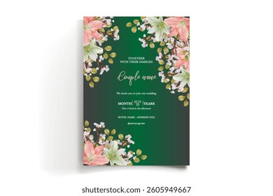 WEDDING INVITATION FRAME WITH FLOWER DECORATIONS AND FRESH LEAVES