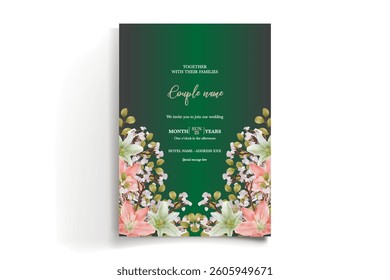 WEDDING INVITATION FRAME WITH FLOWER DECORATIONS AND FRESH LEAVES