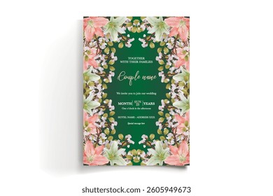 WEDDING INVITATION FRAME WITH FLOWER DECORATIONS AND FRESH LEAVES