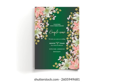 WEDDING INVITATION FRAME WITH FLOWER DECORATIONS AND FRESH LEAVES