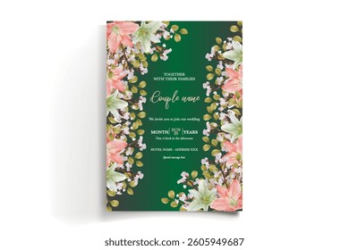 WEDDING INVITATION FRAME WITH FLOWER DECORATIONS AND FRESH LEAVES