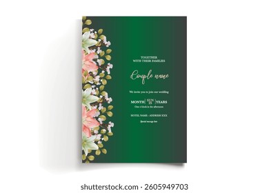 WEDDING INVITATION FRAME WITH FLOWER DECORATIONS AND FRESH LEAVES