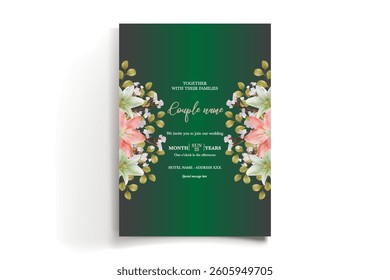 WEDDING INVITATION FRAME WITH FLOWER DECORATIONS AND FRESH LEAVES