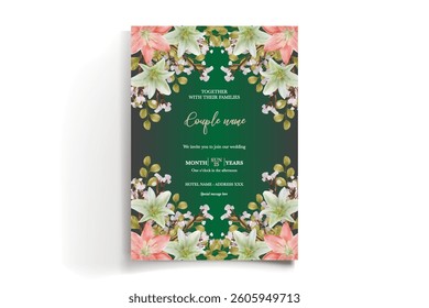 WEDDING INVITATION FRAME WITH FLOWER DECORATIONS AND FRESH LEAVES