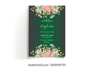 WEDDING INVITATION FRAME WITH FLOWER DECORATIONS AND FRESH LEAVES