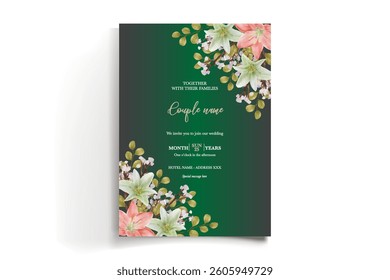 WEDDING INVITATION FRAME WITH FLOWER DECORATIONS AND FRESH LEAVES