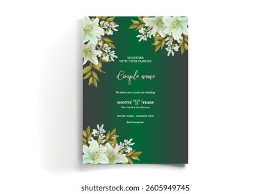 WEDDING INVITATION FRAME WITH FLOWER DECORATIONS AND FRESH LEAVES