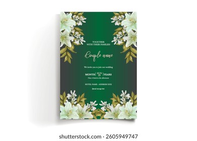 WEDDING INVITATION FRAME WITH FLOWER DECORATIONS AND FRESH LEAVES