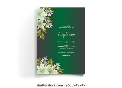 WEDDING INVITATION FRAME WITH FLOWER DECORATIONS AND FRESH LEAVES