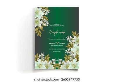 WEDDING INVITATION FRAME WITH FLOWER DECORATIONS AND FRESH LEAVES