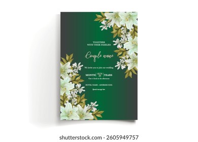 WEDDING INVITATION FRAME WITH FLOWER DECORATIONS AND FRESH LEAVES