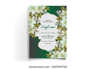 WEDDING INVITATION FRAME WITH FLOWER DECORATIONS AND FRESH LEAVES
