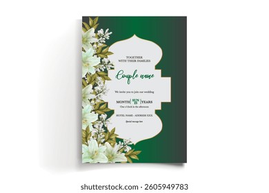 WEDDING INVITATION FRAME WITH FLOWER DECORATIONS AND FRESH LEAVES
