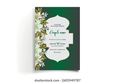 WEDDING INVITATION FRAME WITH FLOWER DECORATIONS AND FRESH LEAVES