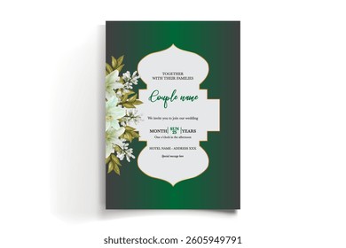 WEDDING INVITATION FRAME WITH FLOWER DECORATIONS AND FRESH LEAVES