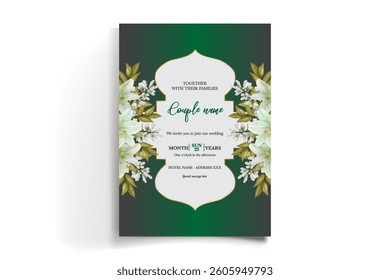 WEDDING INVITATION FRAME WITH FLOWER DECORATIONS AND FRESH LEAVES