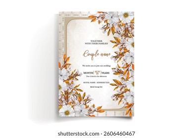 WEDDING INVITATION FRAME WITH FLOWER DECORATIONS AND FRESH LEAVES