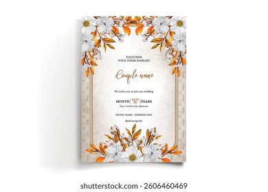 WEDDING INVITATION FRAME WITH FLOWER DECORATIONS AND FRESH LEAVES