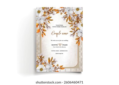 WEDDING INVITATION FRAME WITH FLOWER DECORATIONS AND FRESH LEAVES