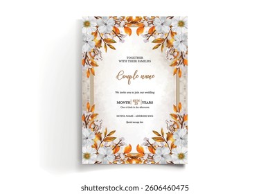 WEDDING INVITATION FRAME WITH FLOWER DECORATIONS AND FRESH LEAVES