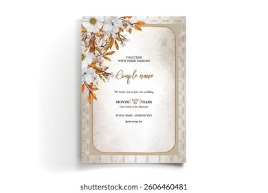 WEDDING INVITATION FRAME WITH FLOWER DECORATIONS AND FRESH LEAVES