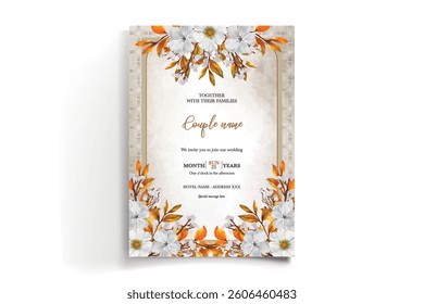 WEDDING INVITATION FRAME WITH FLOWER DECORATIONS AND FRESH LEAVES