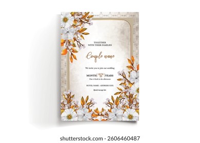 WEDDING INVITATION FRAME WITH FLOWER DECORATIONS AND FRESH LEAVES
