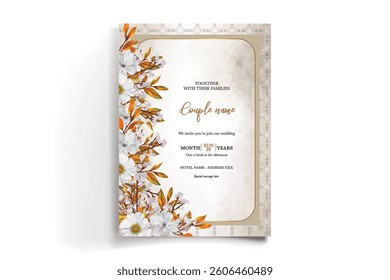 WEDDING INVITATION FRAME WITH FLOWER DECORATIONS AND FRESH LEAVES