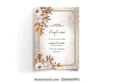 WEDDING INVITATION FRAME WITH FLOWER DECORATIONS AND FRESH LEAVES