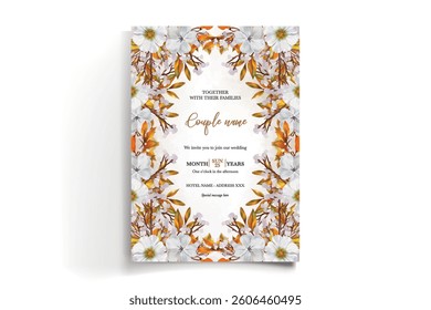 WEDDING INVITATION FRAME WITH FLOWER DECORATIONS AND FRESH LEAVES
