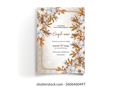 WEDDING INVITATION FRAME WITH FLOWER DECORATIONS AND FRESH LEAVES