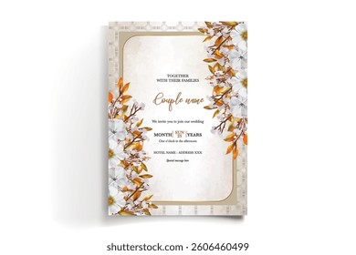 WEDDING INVITATION FRAME WITH FLOWER DECORATIONS AND FRESH LEAVES