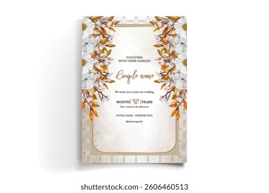 WEDDING INVITATION FRAME WITH FLOWER DECORATIONS AND FRESH LEAVES